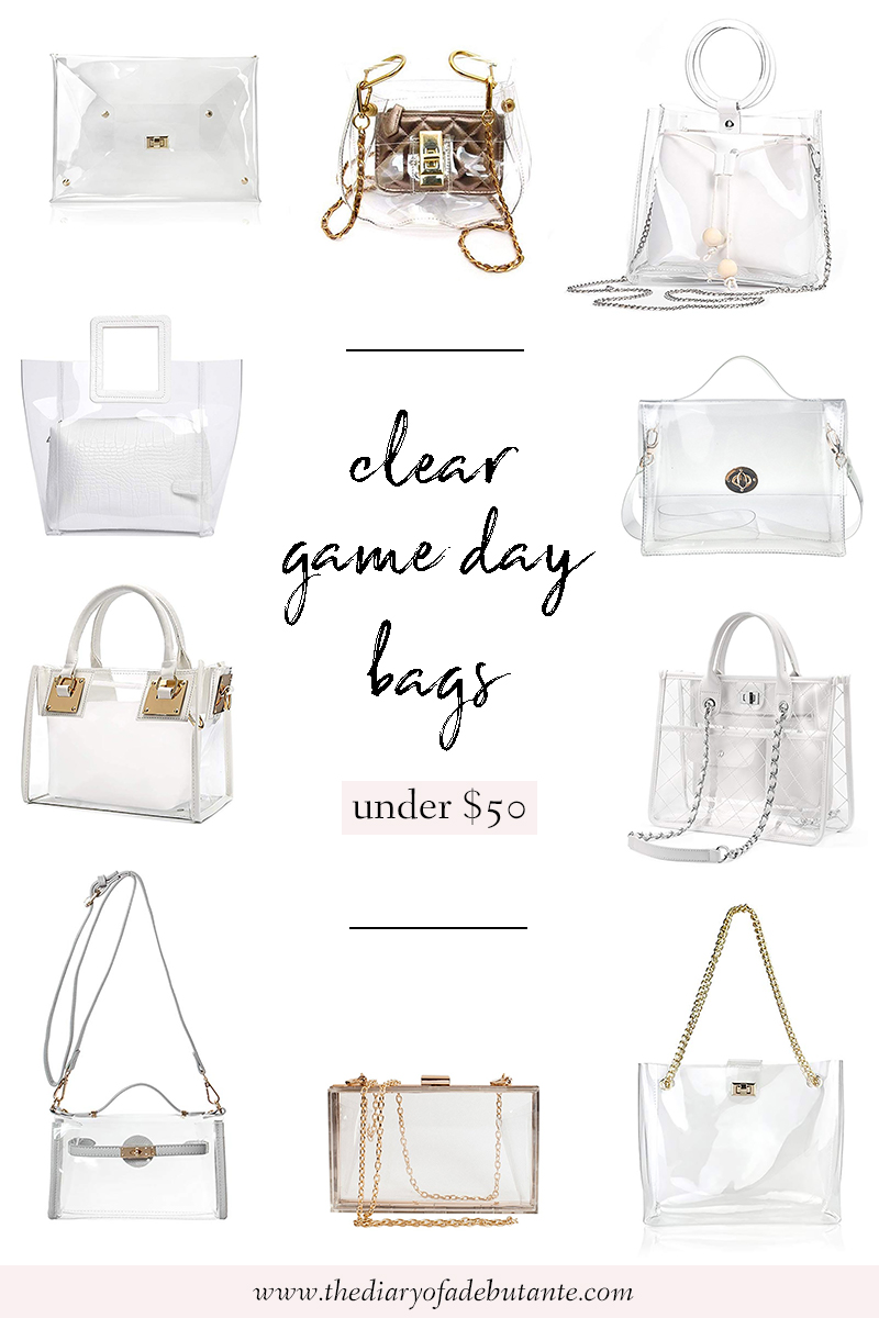 Clear bags for football games under 50, clear plastic tote bags under 50, cute clear purses under 50, 12 Cute Stadium-Approved Bags for Game Day by southern lifestyle blogger Stephanie Ziajka from Diary of a Debutante