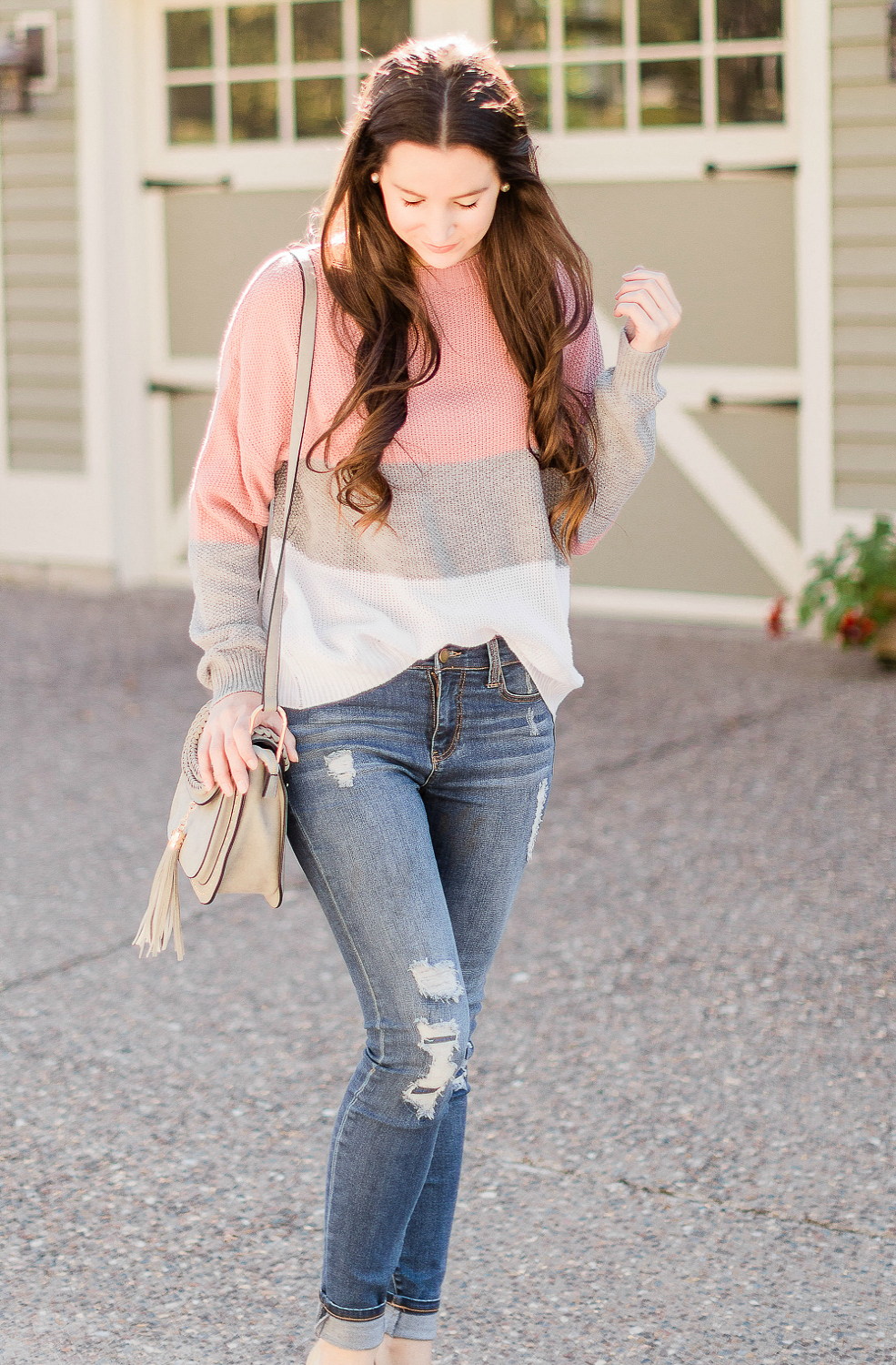 neutral color block sweater outfit by affordable fashion blogger Stephanie Ziajka from Diary of a Debutante, Chloe Hudson dupe bag, Chloe Hudson designer dupe bag, Chloe dupe bag, Tom Clovers Saddle Crossbody, Liverpool Jeans review, distressed Liverpool Jeans