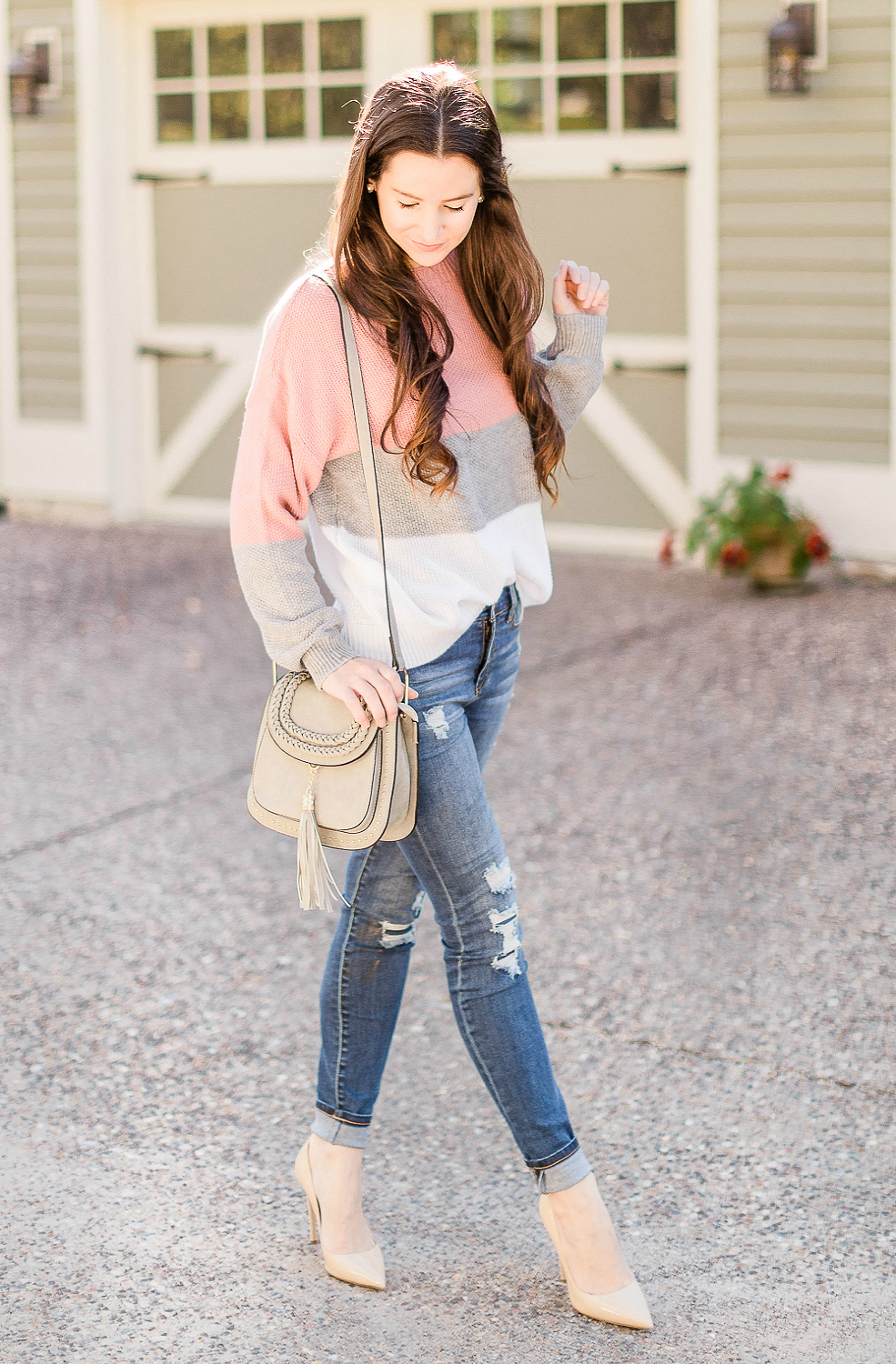 Neutral color block sweater outfit styled with Liverpool distressed skinny jeans and a Chloe Hudson dupe bag by affordable fashion blogger Stephanie Ziajka on Diary of a Debutante