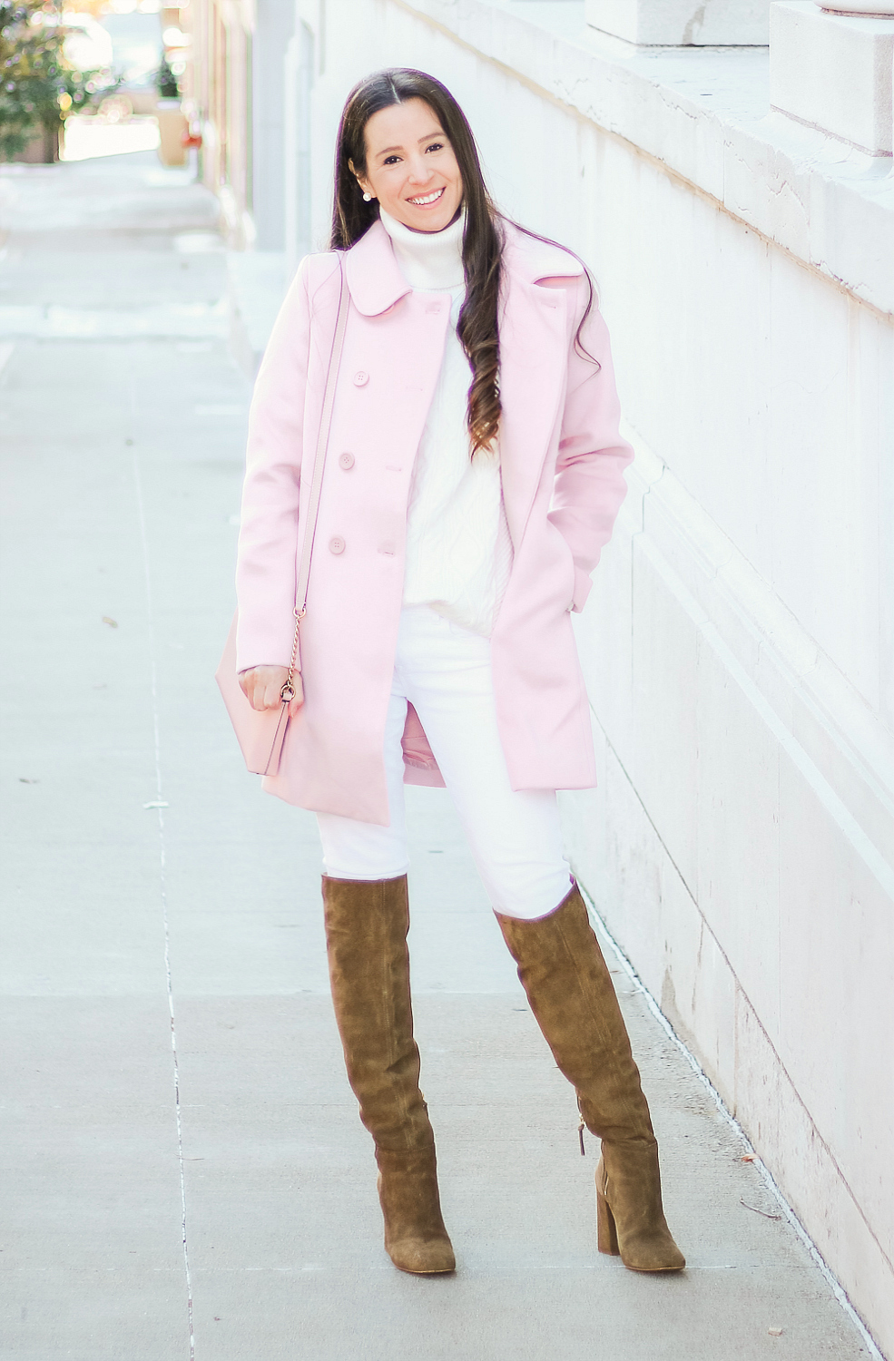 How to Wear a Light Pink Winter Coat by affordable fashion blogger Stephanie Ziajka from Diary of a Debutante, Allegra K Women's Peter Pan Collar Double Breasted Winter Coat, cute winter coats under 100, cute winter coats on amazon, winter whites with pops of pink
