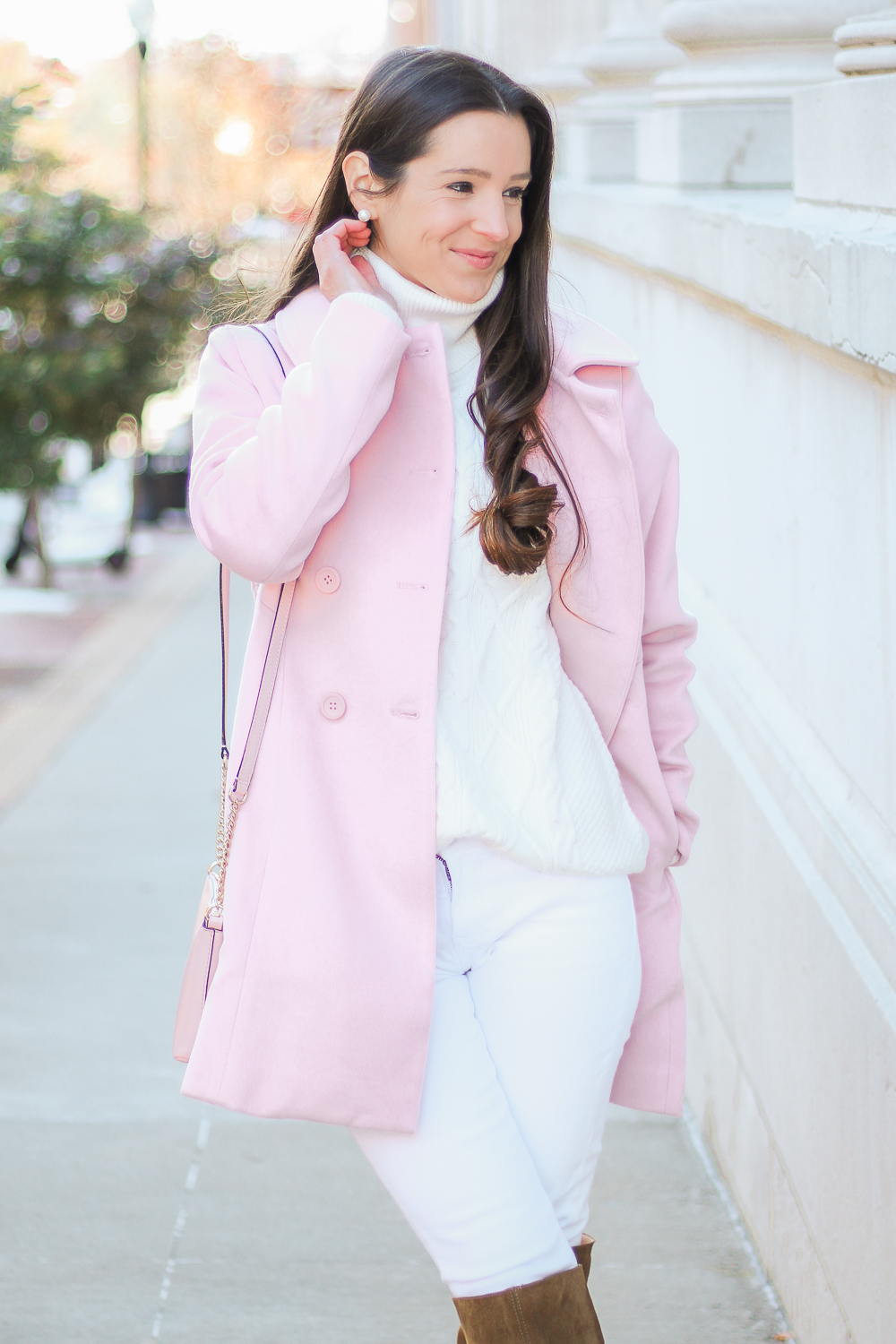 How to Wear a Light Pink Winter Coat by affordable fashion blogger Stephanie Ziajka from Diary of a Debutante, Allegra K Women's Peter Pan Collar Double Breasted Winter Coat, cute winter coats under 100, cute winter coats on amazon, winter whites with pops of pink