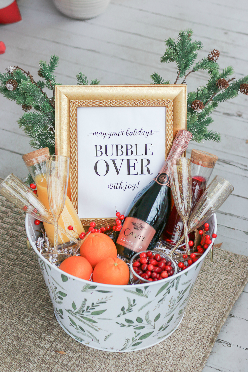 DIY Christmas Morning Mimosa Gift Basket by southern lifestyle blogger Stephanie Ziajka from Diary of a Debutante, Cavit Prosecco review, prosecco gift basket ideas, mimosa champagne gift basket idea, cute wine gift basket ideas for the holidays