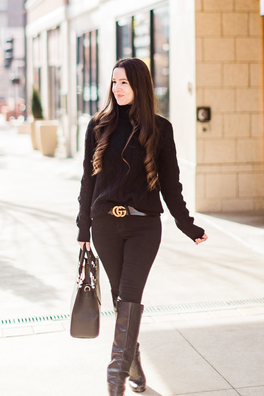 All Black Winter Outfit and The Best Gucci Belt Dupe on Amazon by affordable fashion and southern lifestyle blogger Stephanie Ziajka from Diary of a Debutante, Gucci Marmont belt dupe, gucci belt dupe amazon, all black winter outfit ideas