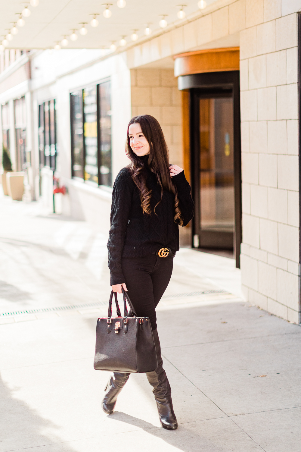 All Black Winter Outfit and The Best Gucci Belt Dupe on Amazon by affordable fashion and southern lifestyle blogger Stephanie Ziajka from Diary of a Debutante, Gucci Marmont belt dupe, gucci belt dupe amazon, all black winter outfit ideas