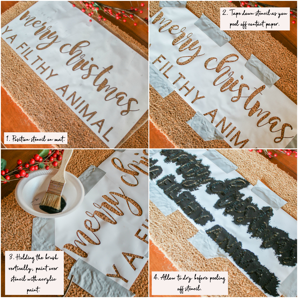 "Merry Christmas Ya Filthy Animal" DIY Painted Doormat by southern lifestyle blogger Stephanie Ziajka from Diary of a Debutante, DIY doormat stencil with Cricut Explore Air 2, Cricut doormat tutorial, DIY outdoor mat, paint your own doormat tutorial, paint doormat