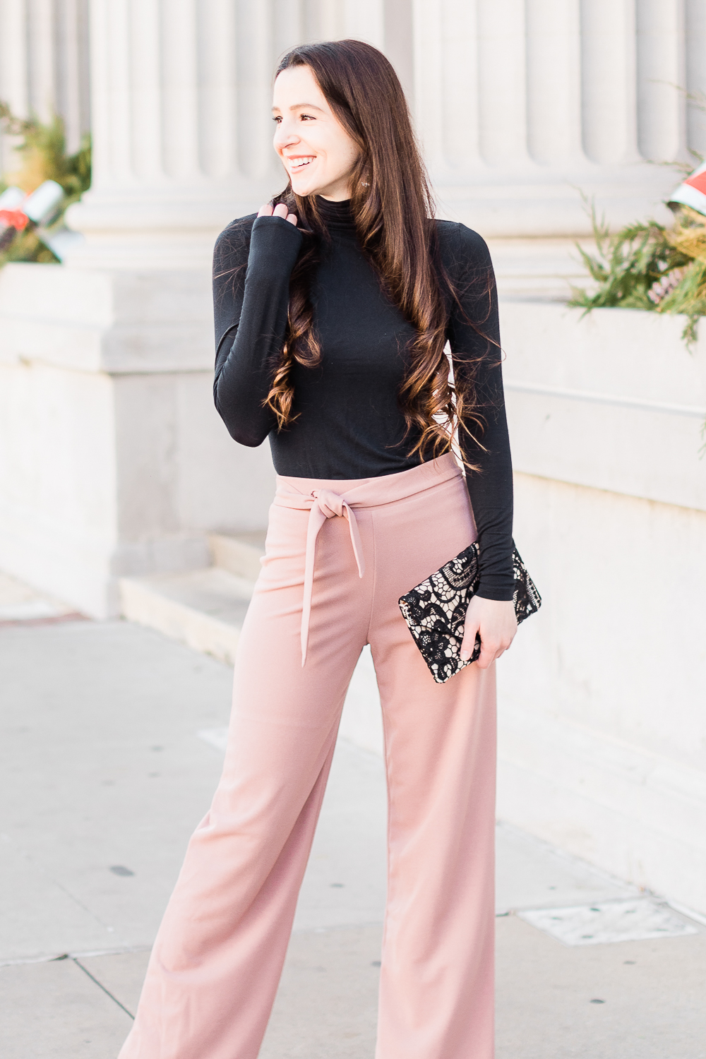Trend to Try: Shein Self Tie Palazzo Pants Outfit by affordable fashion blogger Stephanie Ziajka from Diary of a Debutante, Shein palazzo pants, Cuddl Duds black turtleneck, Jessica McClintock Riley Lace Envelope Clutch, LC Lauren Conrad block heel sandals, ways to wear palazzo pants, what kind of shirt to wear with palazzo pants