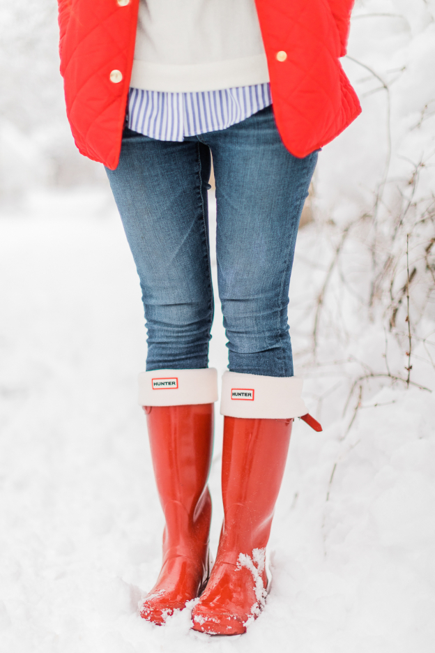 Preppy Winter Outfit: Red Quilted Jacket with Matching Hunter Boots