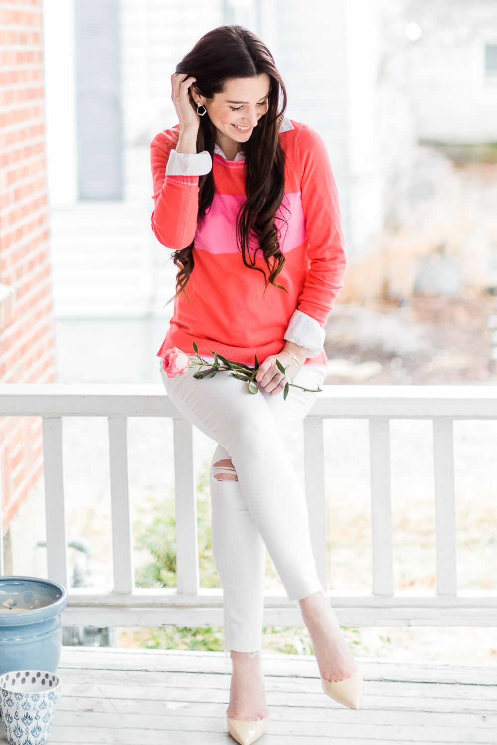 The Perfect Old Navy Crewneck Sweater for Valentine's Day Weekend by Stephanie Ziajka from the popular affordable fashion blog Diary of a Debutante, Old Navy pink stripe crew-neck sweater for women, Kendra Scott Spring 2019 new arrivals, pink stripe crewneck sweater styled over a J. Crew Factory relaxed white oxford with white distressed Levi skinny jeans and natural M. Gemi The Cammeo pumps