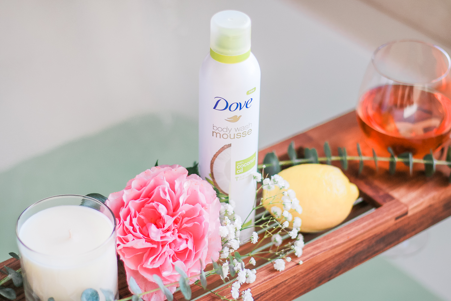 Simple Tips for Beautifying Bath Time + Dove Body Wash Mousse with Coconut Oil Review by blogger Stephanie Ziajka from the popular affordable fashion and southern lifestyle blog Diary of a Debutante, pretty bath tub setup, Haven Teak Bathtub Caddy, rose and lemon bath tub soak, ways to beautify bath time, how to improve bath time, 5 tips for taking a beautiful bath, how to take a beautiful bath 