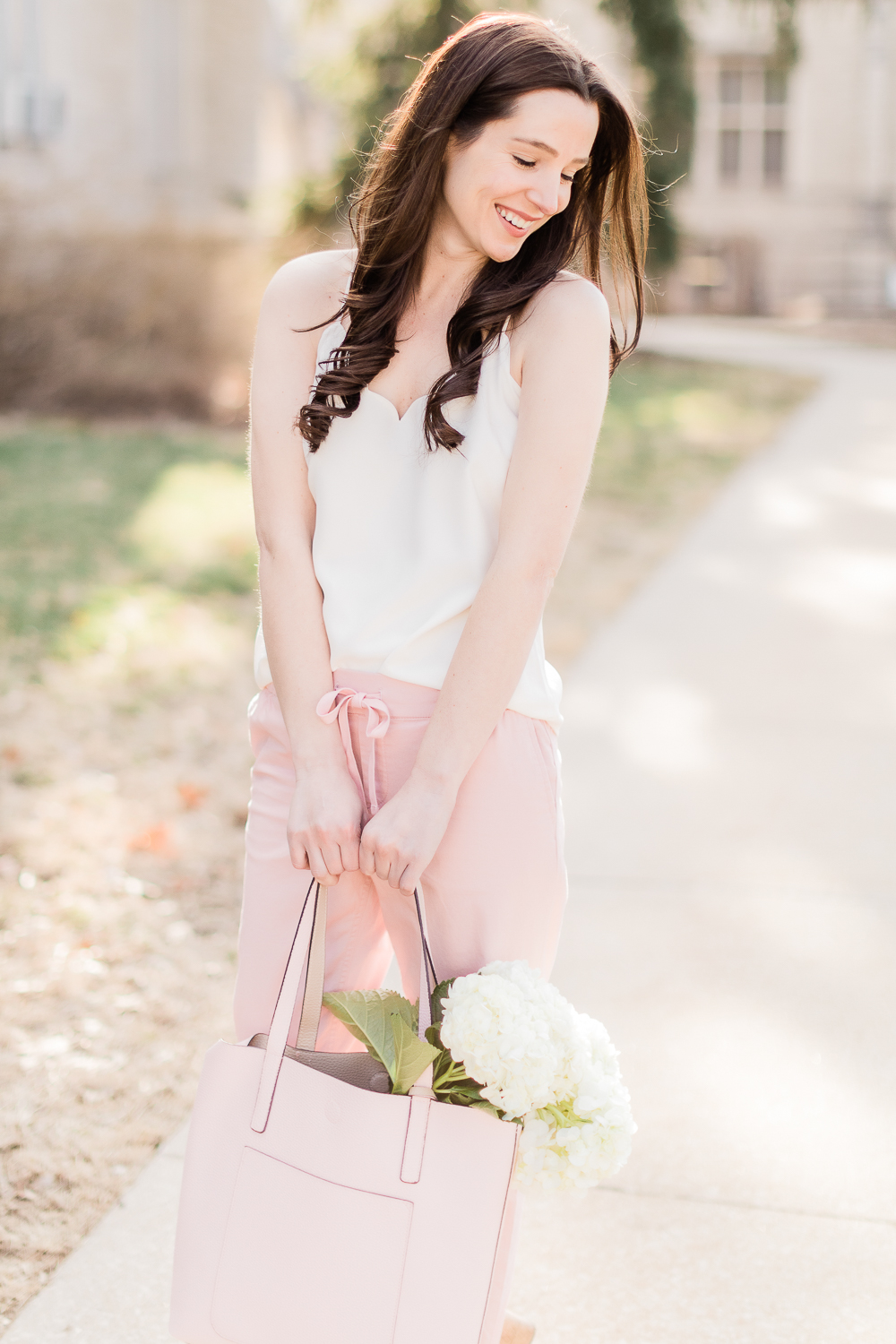 How to Style Chino Pants for Date Night by popular affordable fashion blogger Stephanie Ziajka from Diary of a Debutante, how to wear chino pants, Old Navy Pull-On Anytime Chinos for Women, J.Crew Factory Scalloped Cami Top, Walmart Time and Tru Leigh Tote
