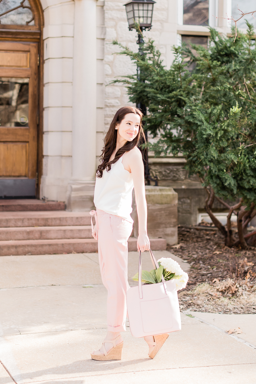 How to Style Chino Pants for Date Night by popular affordable fashion blogger Stephanie Ziajka from Diary of a Debutante, how to wear chino pants, Old Navy Pull-On Anytime Chinos for Women, J.Crew Factory Scalloped Cami Top, Walmart Time and Tru Leigh Tote