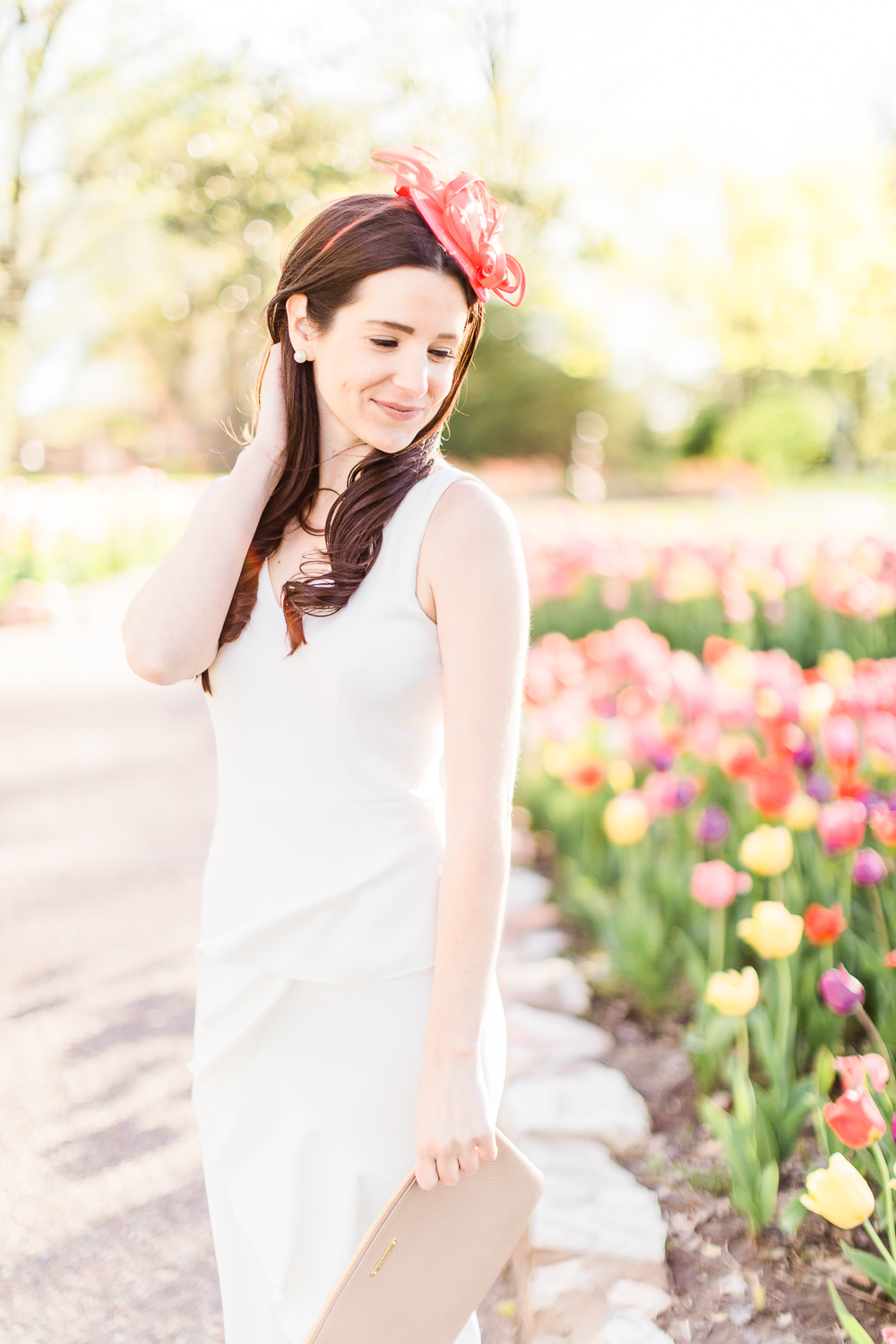 Maggie London Noreen Midi Dress styled with red fascinator headband, GiGi New York Uber Clutch, and red block heel sandals, Derby Day Style Guide: 3 Head-to-Toe Kentucky Derby Outfit Ideas by affordable fashion blogger Stephanie Ziajka from Diary of a Debutante