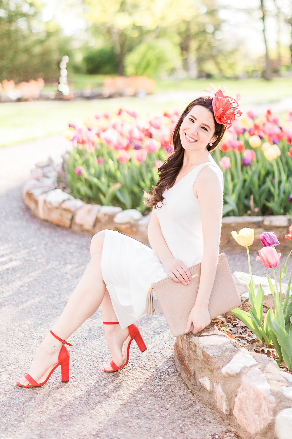 Maggie London Noreen Midi Dress styled with red fascinator headband, GiGi New York Uber Clutch, and red block heel sandals, Derby Day Style Guide: 3 Head-to-Toe Kentucky Derby Outfit Ideas by affordable fashion blogger Stephanie Ziajka from Diary of a Debutante