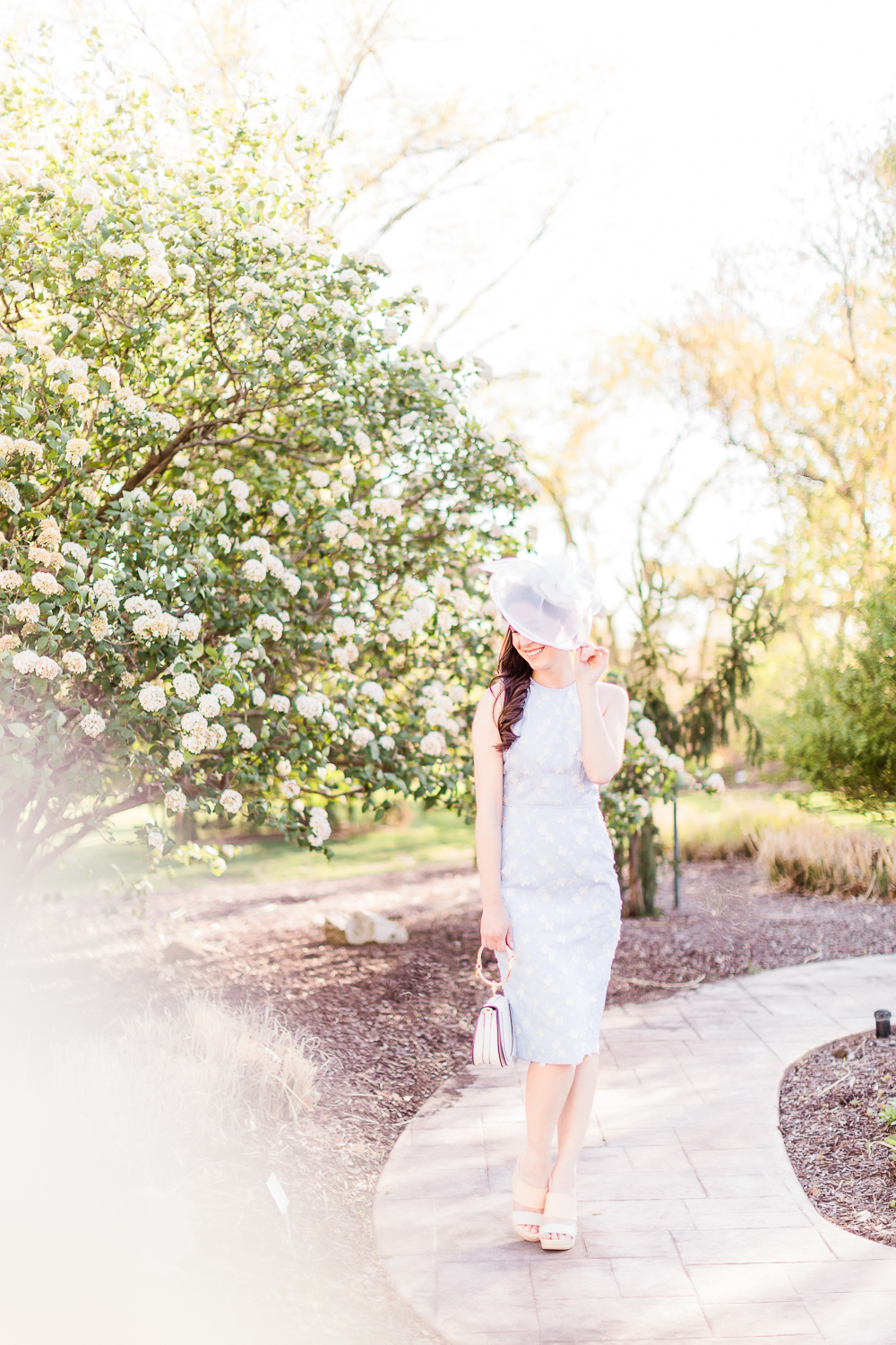 Maggy London Cecilia Midi Dress styled with a white fascinator headband, white Chloe Nile dupe bag, and espadrille slide sandals, Derby Day Style Guide: 3 Head-to-Toe Kentucky Derby Outfit Ideas by affordable fashion blogger Stephanie Ziajka from Diary of a Debutante