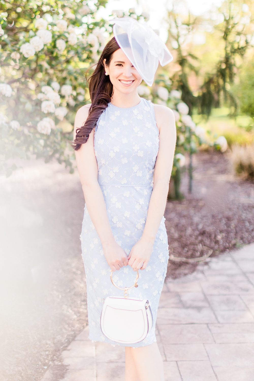 Maggy London Cecilia Midi Dress styled with a white fascinator headband, white Chloe Nile dupe bag, and espadrille slide sandals, Derby Day Style Guide: 3 Head-to-Toe Kentucky Derby Outfit Ideas by affordable fashion blogger Stephanie Ziajka from Diary of a Debutante