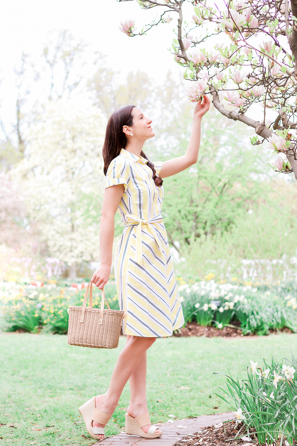 Target Spring Shopping Haul: Top Fashion and Beauty Finds by affordable fashion blogger Stephanie Ziajka from Diary of a Debutante, Target A New Day Yellow Striped Short Sleeve Shirtdress, Women's Adelina Espadrilles Slide Sandals, Basket Crossbody Bag