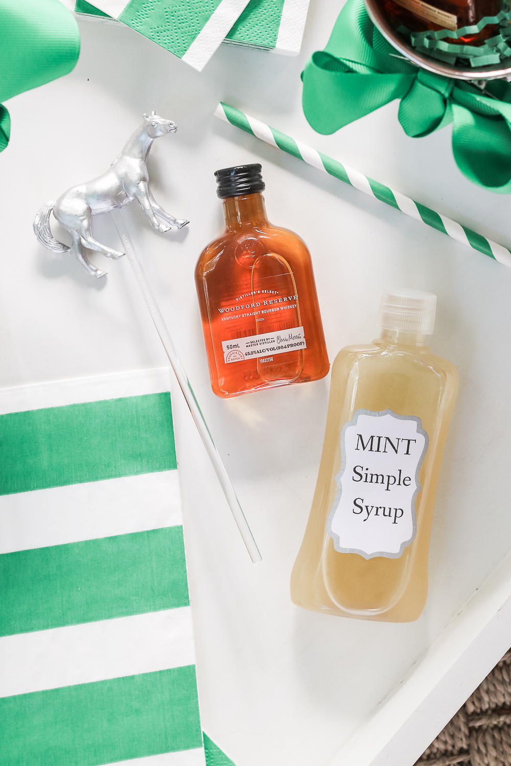 Derby Day Party Favor: DIY Mint Julep Kit by Stephanie Ziajka from the popular southern lifestyle blog Diary of a Debutante, mint julep gift set, cute Derby Day party favors, cute Kentucky Derby gift ideas, mini bottles of woodford reserve bourbon, homemade mint simple syrup