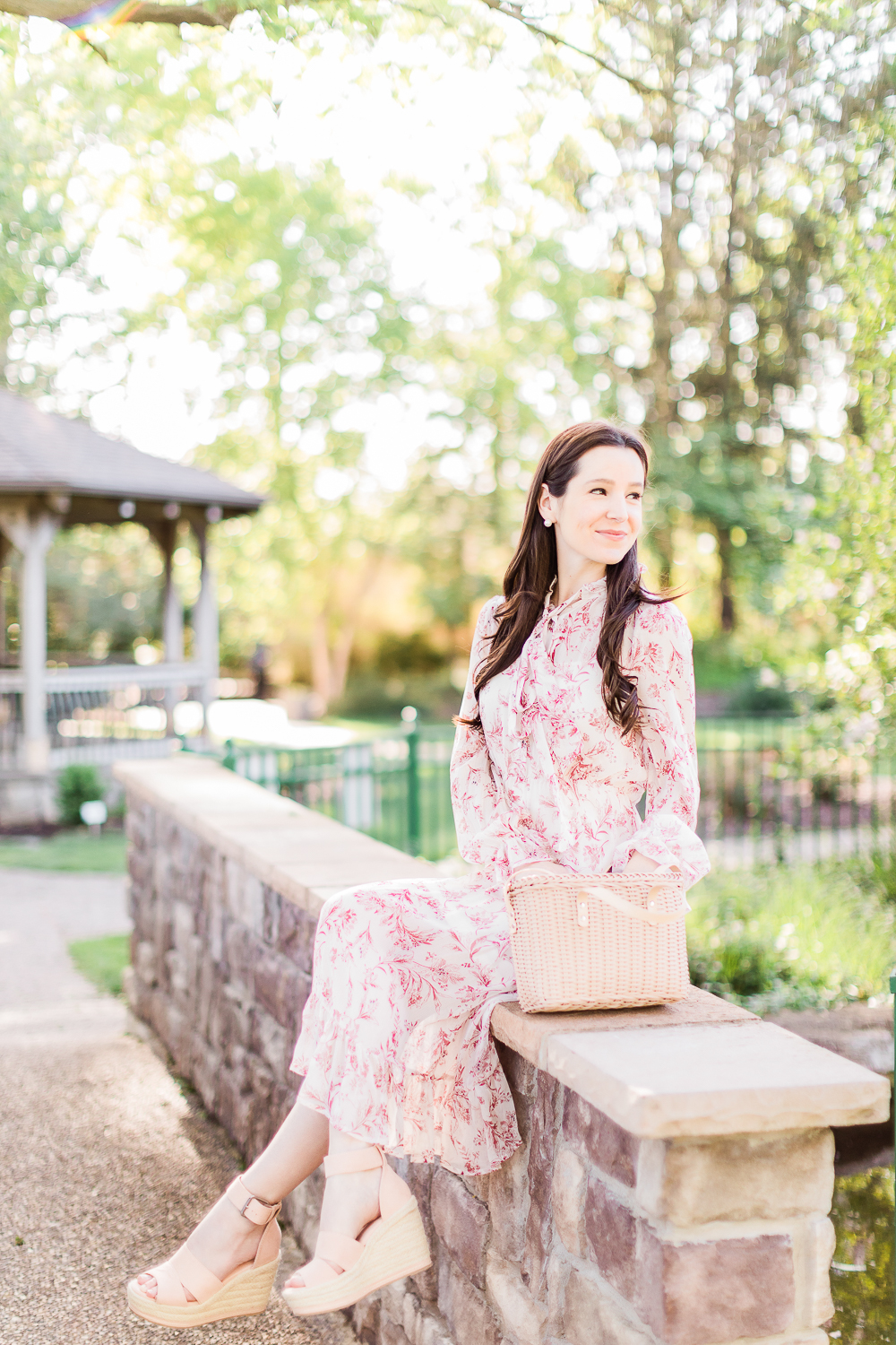 Vintage-inspired tie neck floral dress styled with a Target basket crossbody bag and Target blush espadrilles by affordable fashion blogger Stephanie Ziajka from Diary of a Debutante, spring wedding guest dresses, vintage inspired wedding guest dresses, is shein good quality