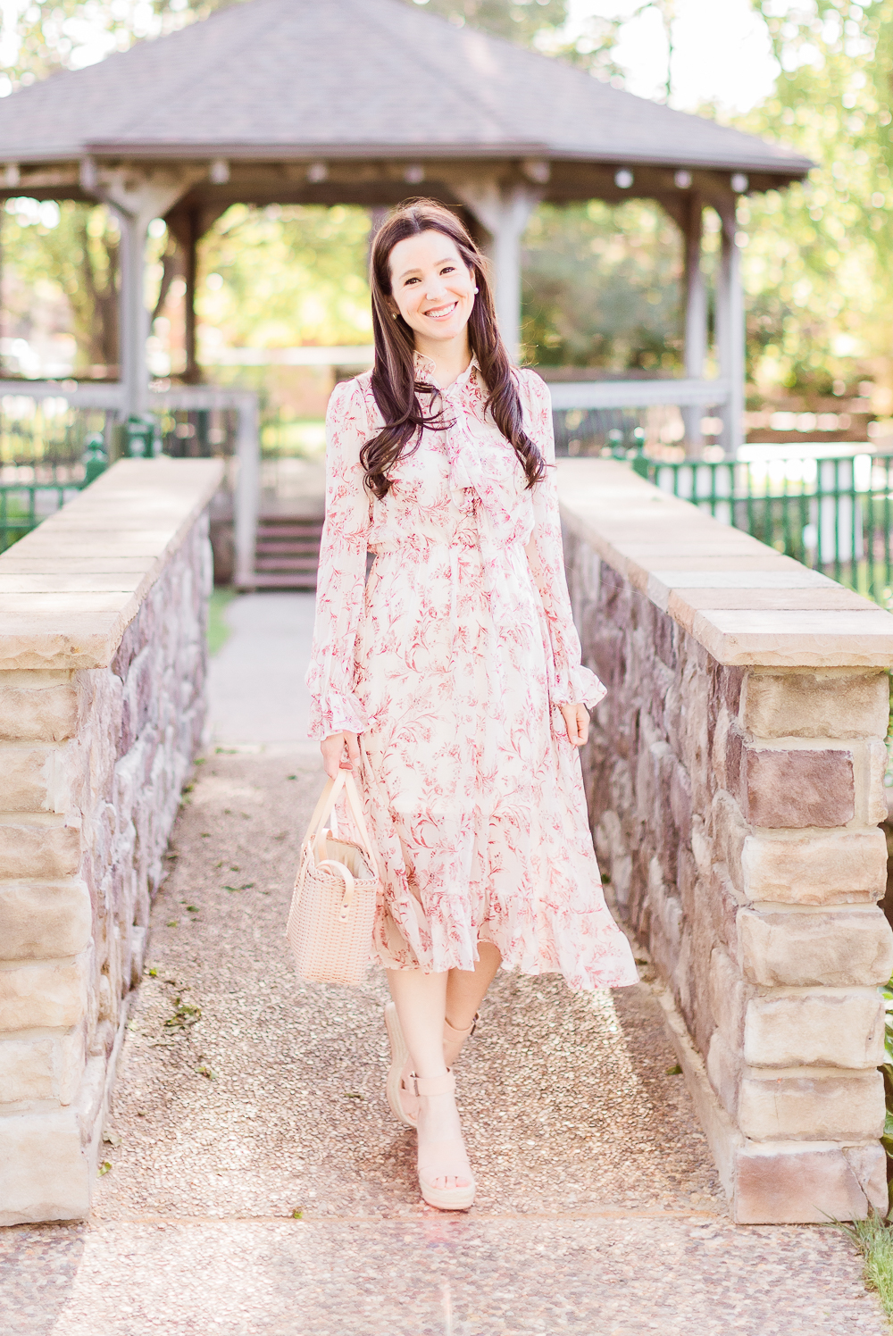 Vintage-inspired tie neck floral dress styled with a Target basket crossbody bag and Target blush espadrilles by affordable fashion blogger Stephanie Ziajka from Diary of a Debutante, spring wedding guest dresses, vintage inspired wedding guest dresses, is shein good quality