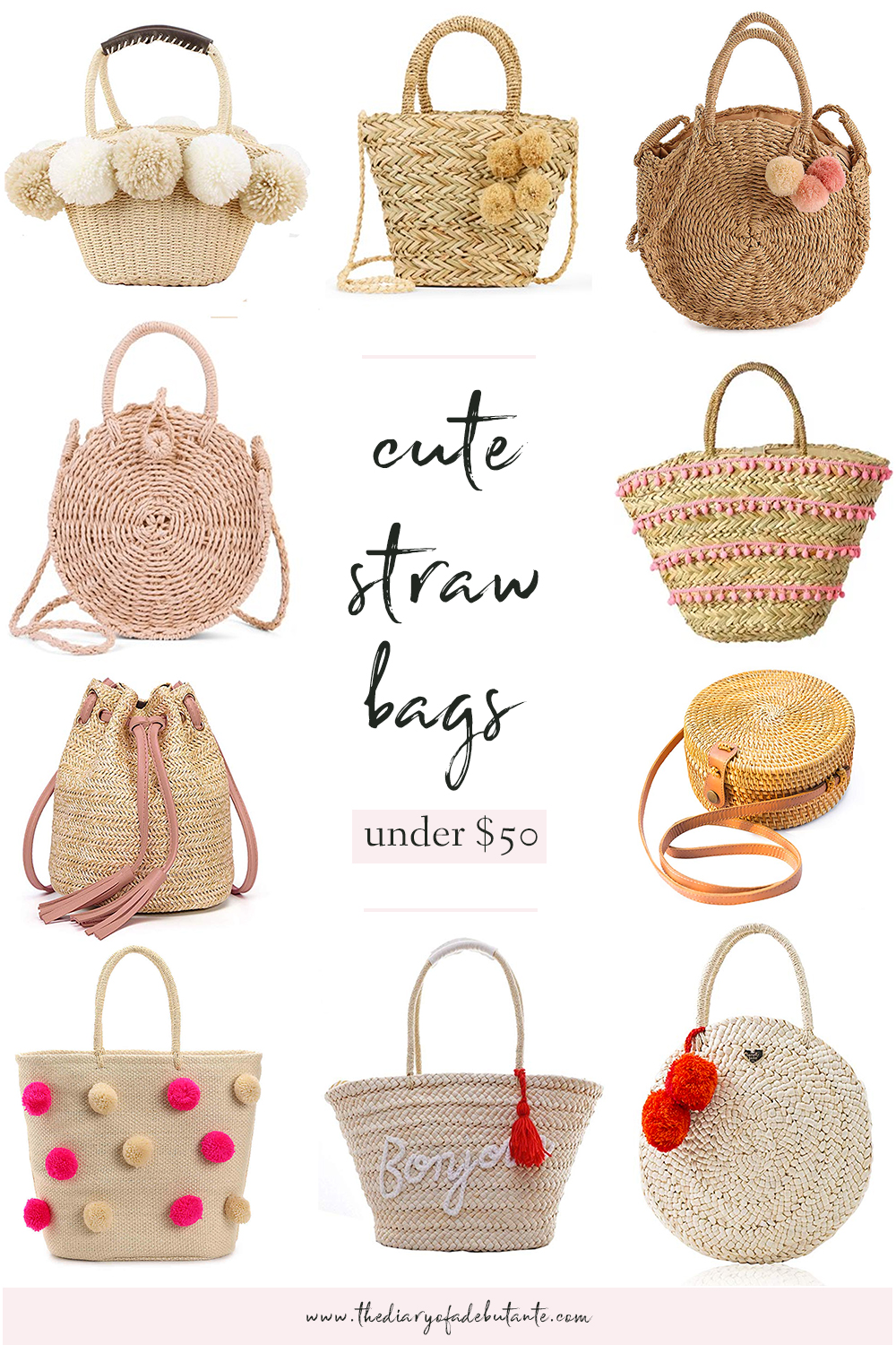 Cute Straw Bags for Summer under $50 by affordable fashion blogger Stephanie Ziajka from Diary of a Debutante, affordable summer handbags, affordable summer tote bag, straw pom pom tote bags, straw tassel tote bags