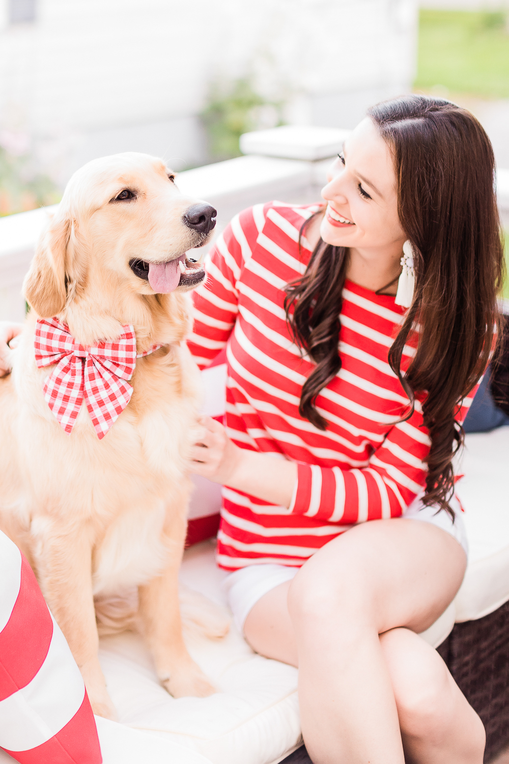 4th of July golden retriever puppies with red gingham bows and collars, 10 Preppy 4th of July Outfit Ideas for Women by popular affordable fashion blogger Stephanie Ziajka from Diary of a Debutante