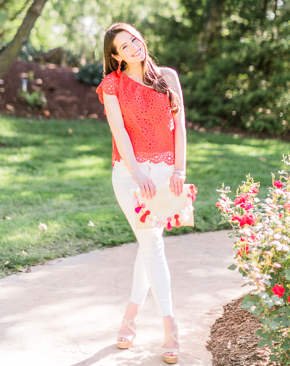 Jack by BB Dakota red floral eyelet top outfit, 10 Preppy 4th of July Outfit Ideas for Women by popular affordable fashion blogger Stephanie Ziajka from Diary of a Debutante