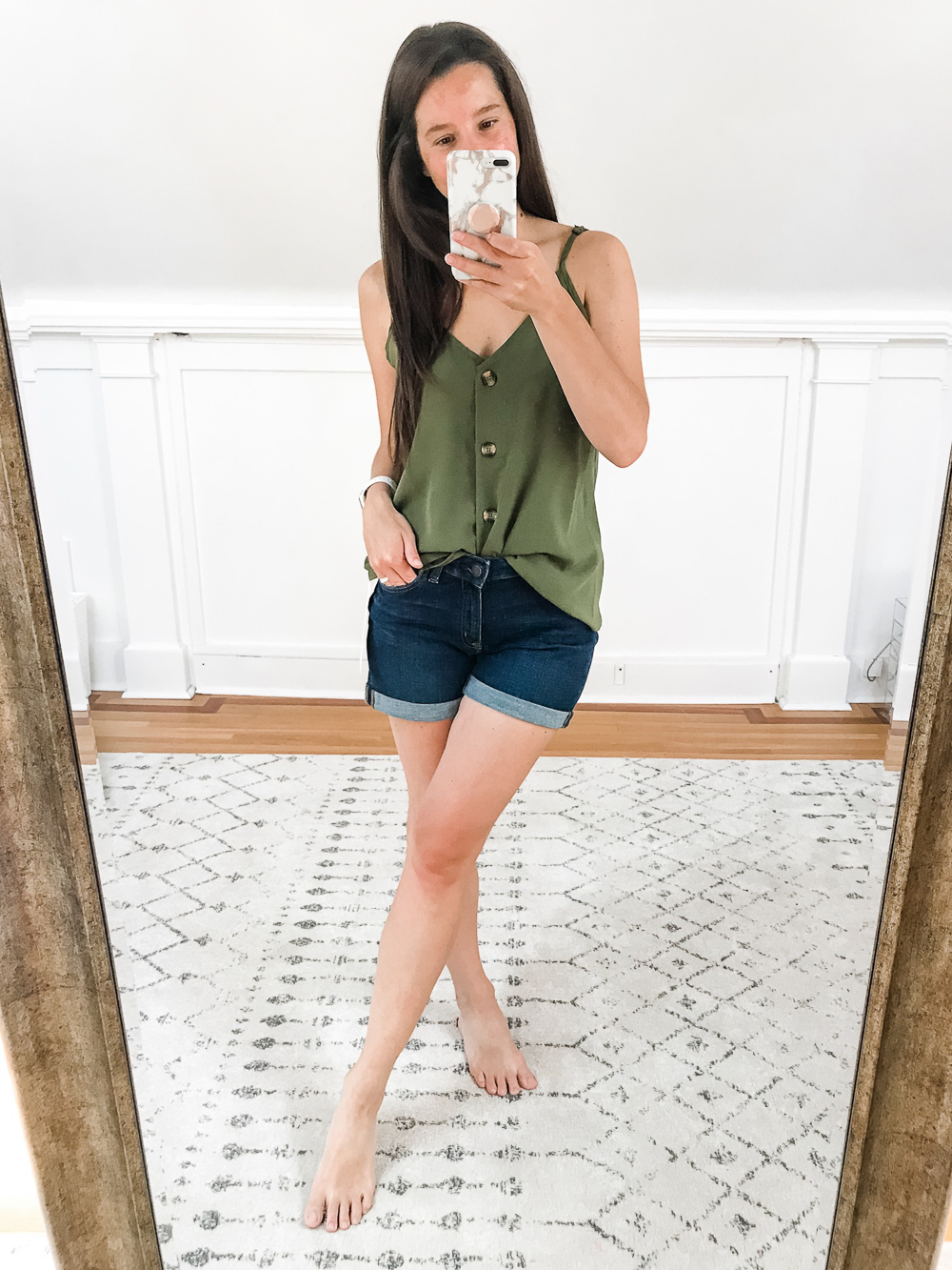 Amazon Loose Green Button Down Tank Top and Amazon Basics 5" Cuffed Denim Shorts, Amazon Prime Day Try-On Haul: Top Affordable Fashion Finds