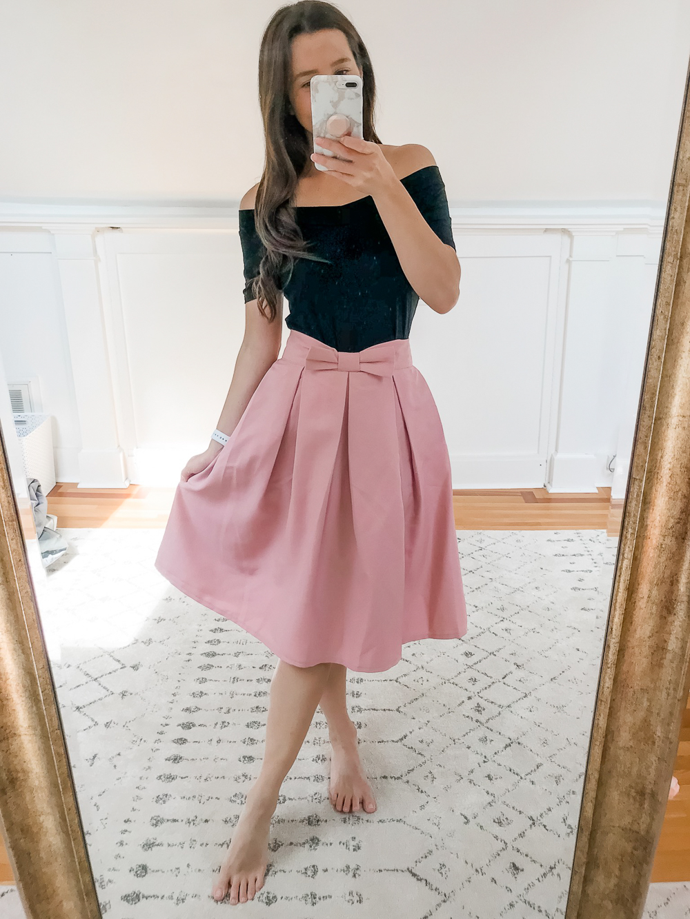 Amazon Black Off-Shoulder Top and Amazon Pink Bow Pleated Midi Skirt, Amazon Prime Day Try-On Haul: Top Affordable Fashion Finds