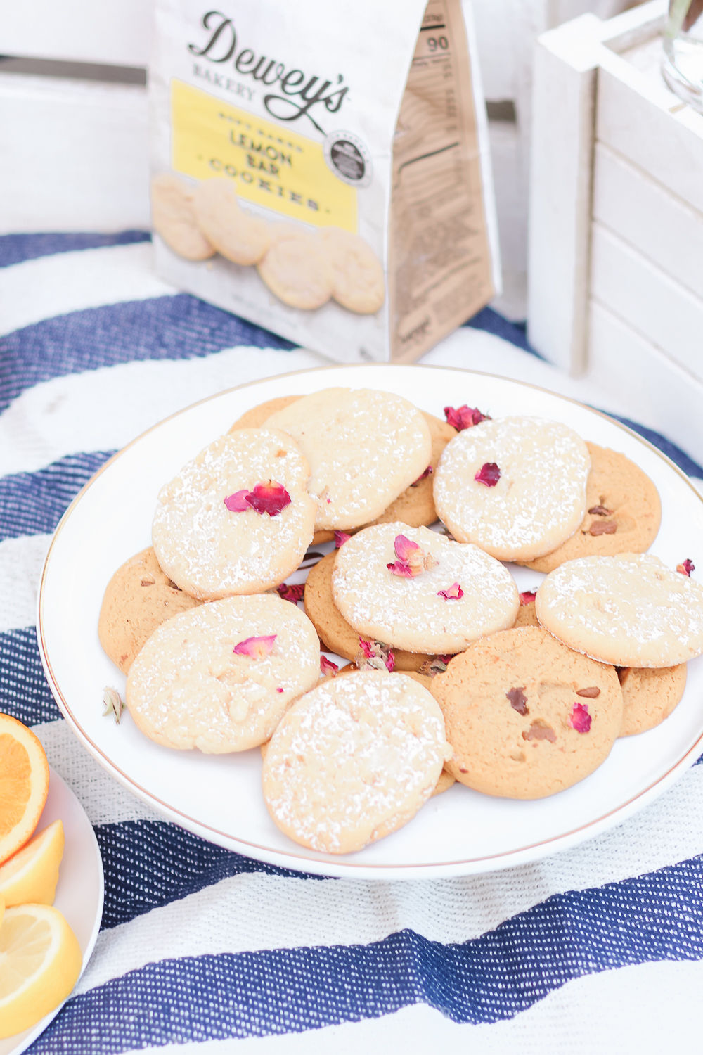 Dewey's Bakery Lemon Bar Cookies with dried red rosebuds and rose petals, tea party picnic ideas