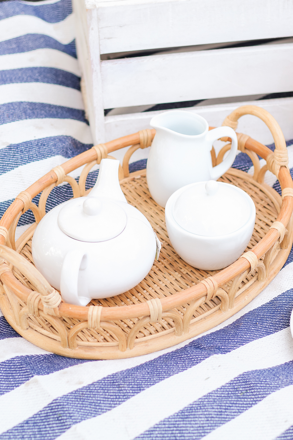white porcelain tea set and Target Opalhouse tray, afternoon tea party ideas, tea party picnic ideas