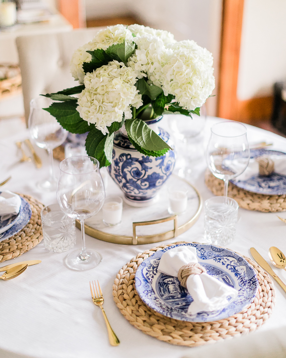 blue and white tablescape by affordable entertaining blogger Stephanie Ziajka on Diary of a Debutante, Spode Blue Italian Dinner Plates and Pasta Bowls, blue delft tablescape idea, blue and white Italian tablescape
