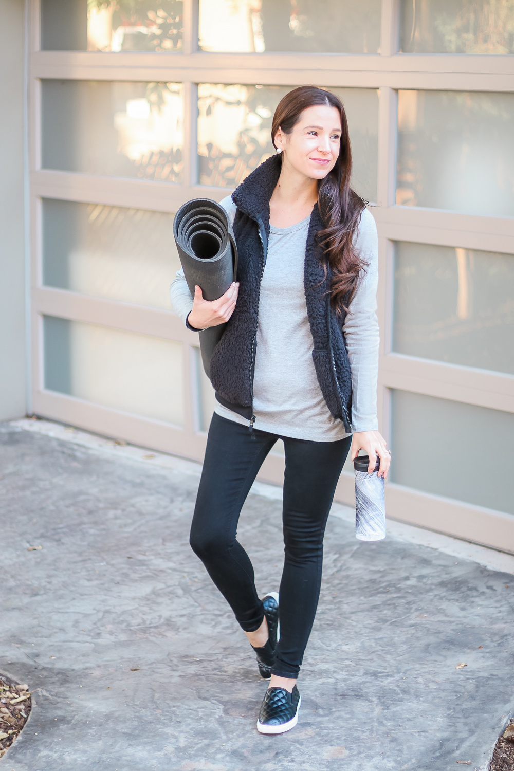 Shopping Haul: Best Walmart Fall Fashion Finds by affordable fashion blogger Stephanie Ziajka on Diary of a Debutante, black Time and Tru plush vest, gray Time and Tru long sleeve crew tee, black Time and Tru Twin Gore Slip-On Sneakers, Contigo Couture SNAPSEAL Thermal Mug in Black Shell