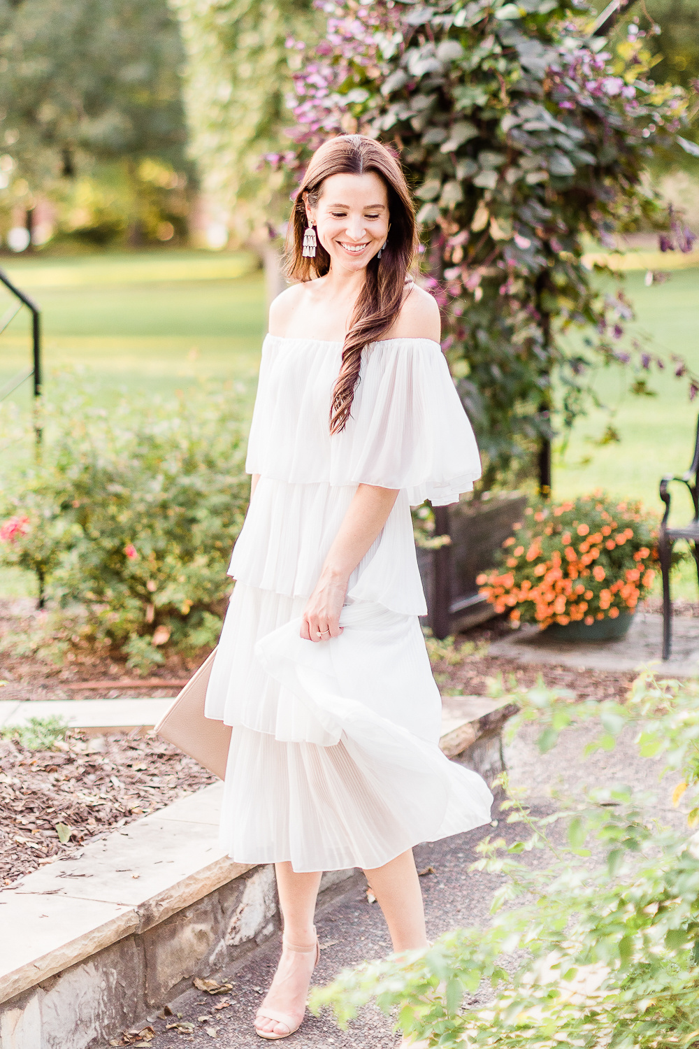 Budget-Friendly Bridal Shower Dress for the Bride-to-Be by affordable fashion blogger Stephanie Ziajka on Diary of a Debutante, Amazon ETCYY Off the Shoulder Ruffle Chiffon Dress styled with Amazon Heels Charm nude chunky block sandals, fall LWD outfit