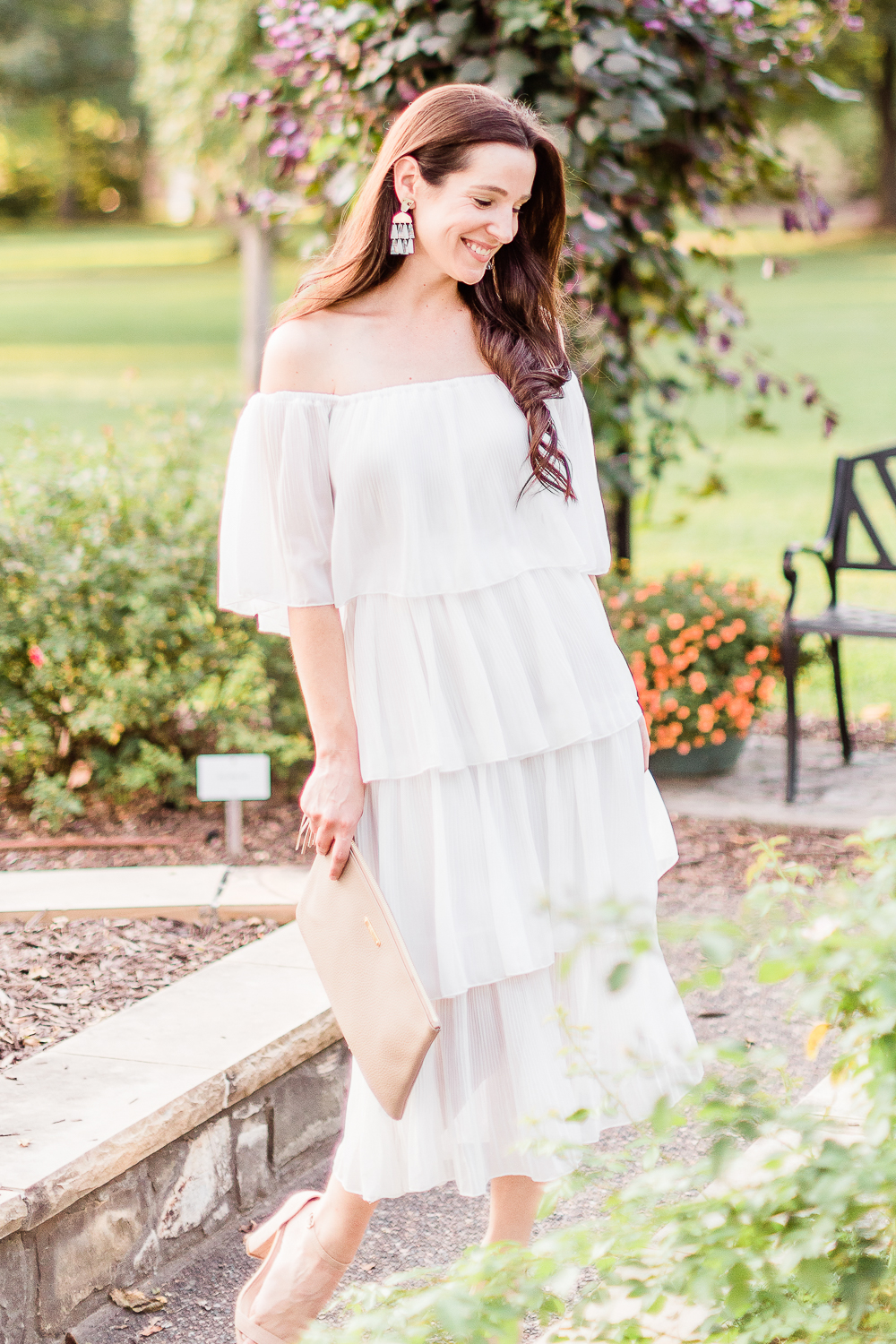 Budget-Friendly Bridal Shower Dress for the Bride-to-Be by affordable fashion blogger Stephanie Ziajka on Diary of a Debutante, Amazon ETCYY Off the Shoulder Ruffle Chiffon Dress, fall LWD outfit