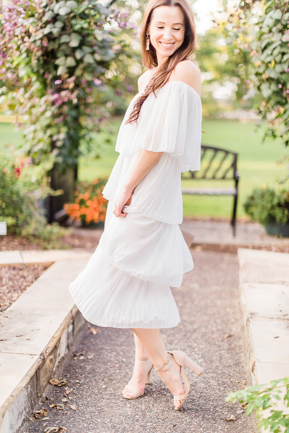 Budget-Friendly Bridal Shower Dress for the Bride-to-Be by affordable fashion blogger Stephanie Ziajka on Diary of a Debutante, Amazon ETCYY Off the Shoulder Ruffle Chiffon Dress styled with Amazon Heels Charm nude chunky block sandals, fall LWD outfit