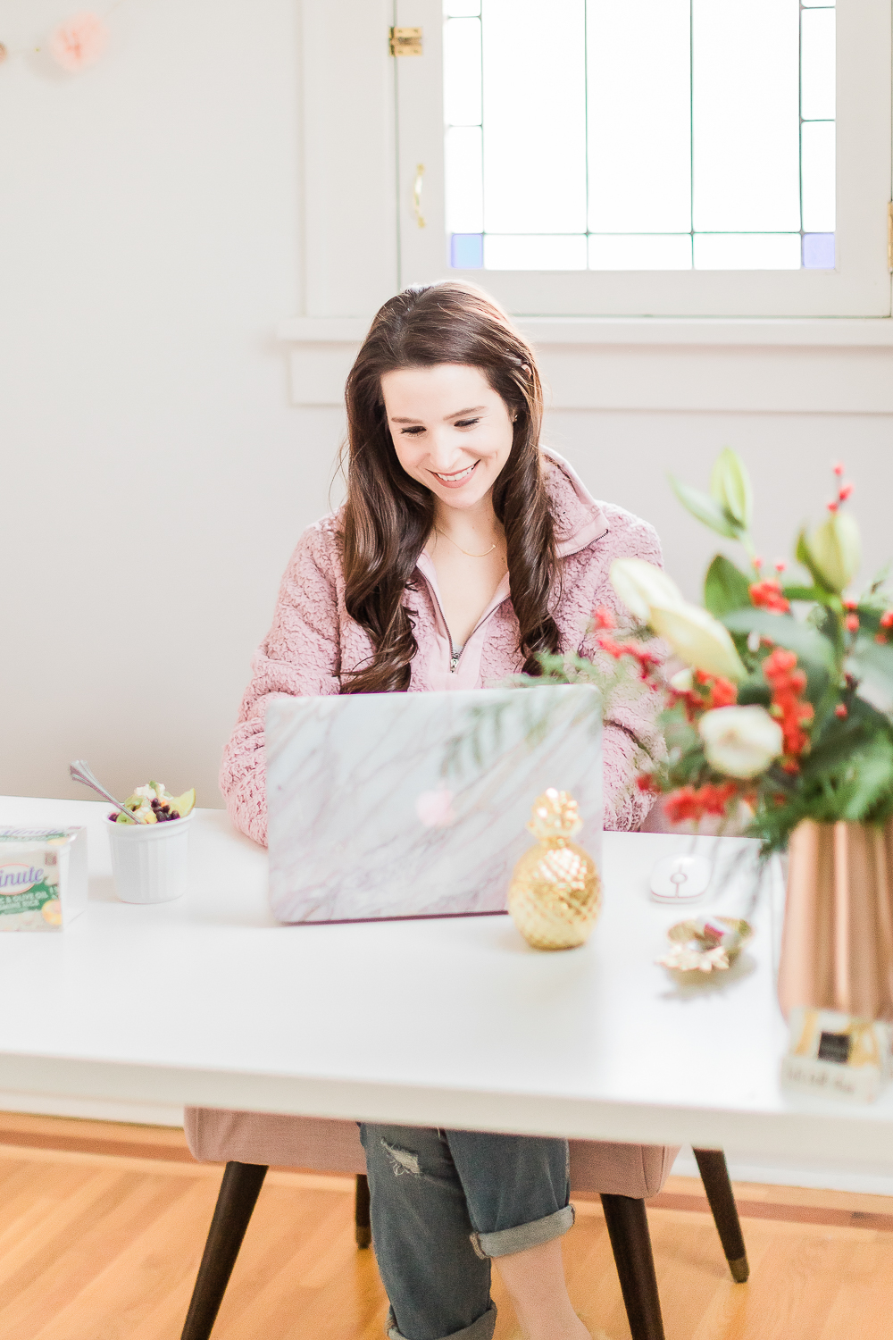 Girl typing on her computer, woman working at desk, white office decor ideas, popular lifestyle blogger Stephanie Ziajka, popular southern lifestyle blog Diary of a Debutante