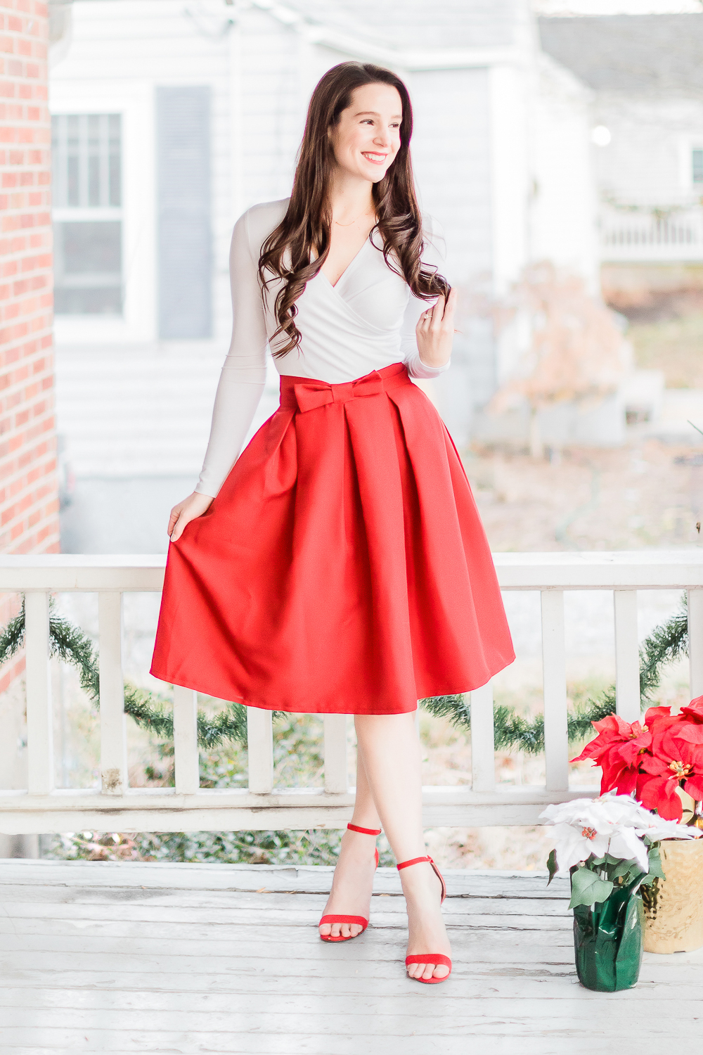 Kate Spade Inspired Holiday Outfit, Amazon red bow skirt, preppy holiday outfit idea, popular affordable fashion blogger Stephanie Ziajka, popular affordable fashion blog Diary of a Debutante
