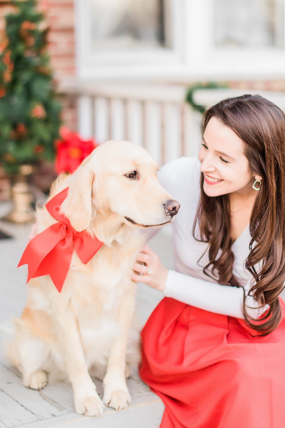 Christmas golden retriever, red dog bow, cute Christmas puppy, Date Night Outfit Ideas for Valentine's Day, Valentines Day outfit ideas, Galentines Day outfit ideas, Valentines Day outfits, popular affordable fashion blogger, Stephanie Ziajka, popular affordable fashion blog, Diary of a Debutante