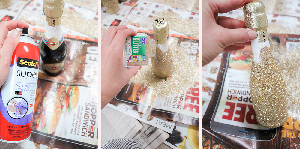 how to decorate alcohol bottles with glitter, mini glitter bottle diy tutorial, popular diy blogger Stephanie Ziajka, popular DIY blog Diary of a Debutante