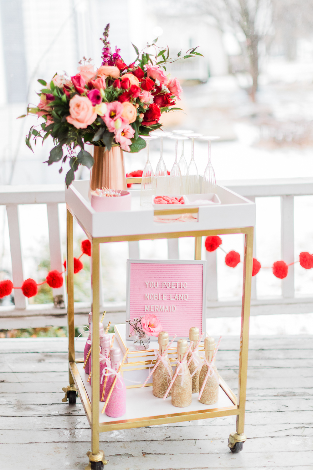 Galentines Day Bar Cart, Galentines letter board ideas, popular entertaining blog Diary of a Debutante, popular entertaining blogger Stephanie Ziajka