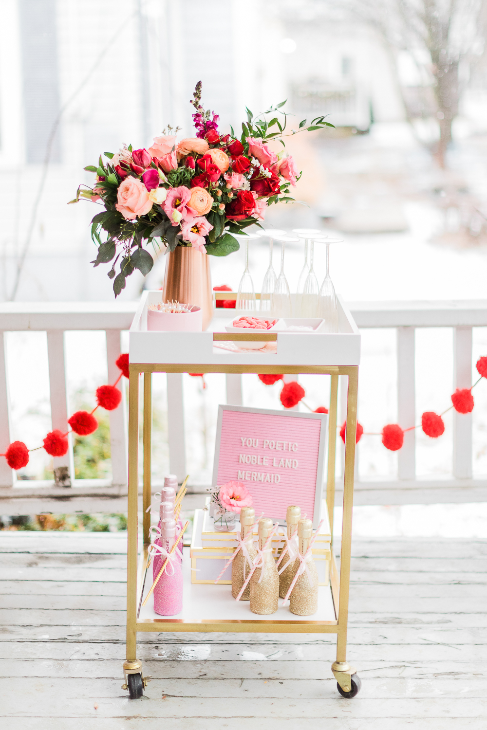 Galentines Day Bar Cart, Galentines letter board ideas, popular entertaining blog Diary of a Debutante, popular entertaining blogger Stephanie Ziajka