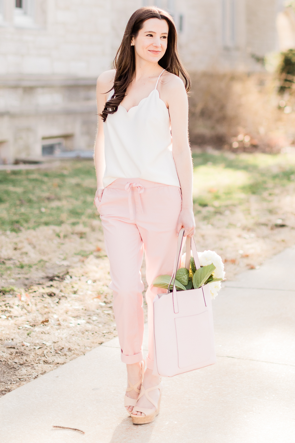 pink chino pants, white J Crew Factory scalloped cami top, pink Time and Tru tote, Date Night Outfit Ideas for Valentine's Day, Valentines Day outfit ideas, Galentines Day outfit ideas, Valentines Day outfits, popular affordable fashion blogger, Stephanie Ziajka, popular affordable fashion blog, Diary of a Debutante