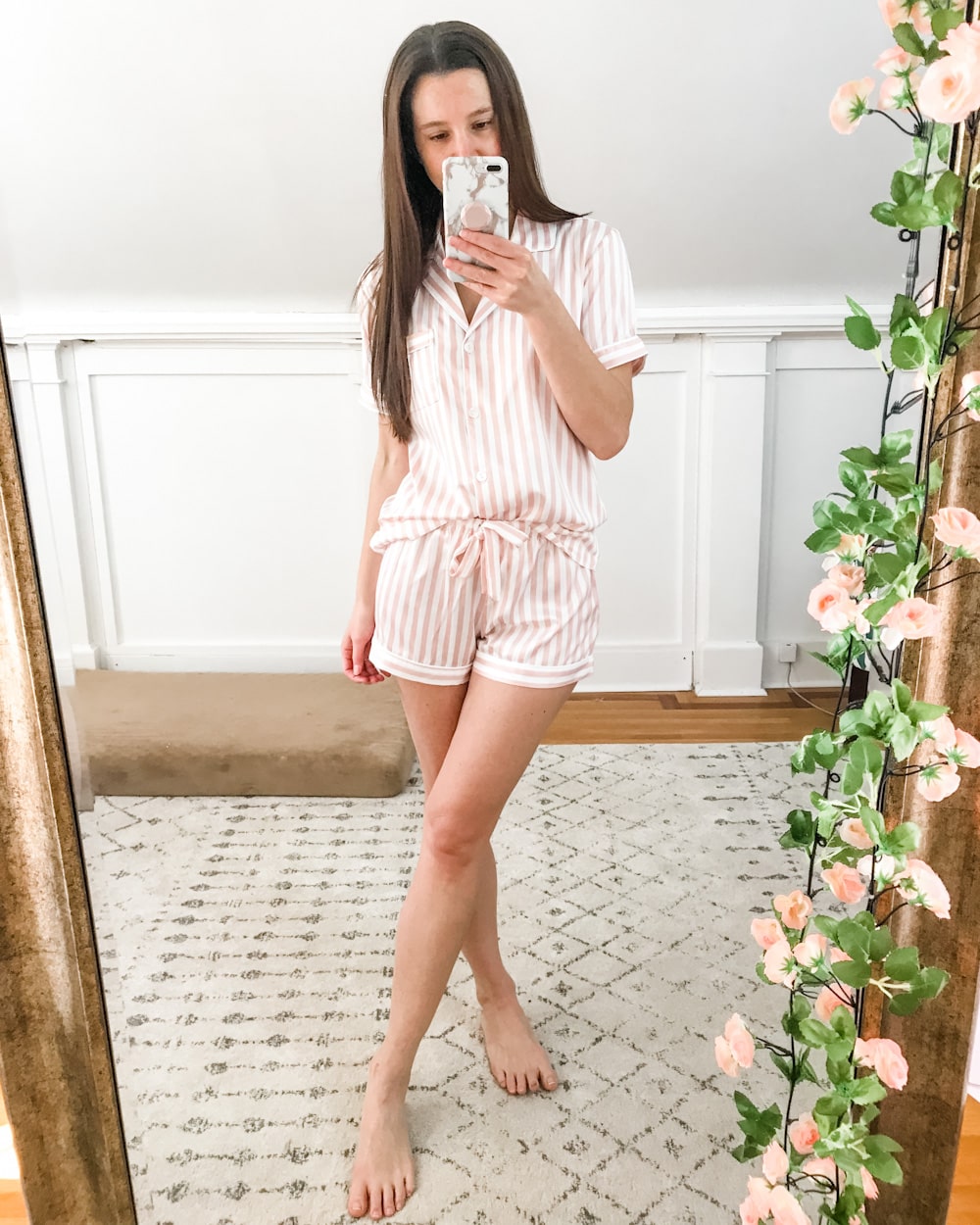 Amazon pink striped PJ set worn by affordable fashion blogger Stephanie Ziajka of Diary of a Debutante