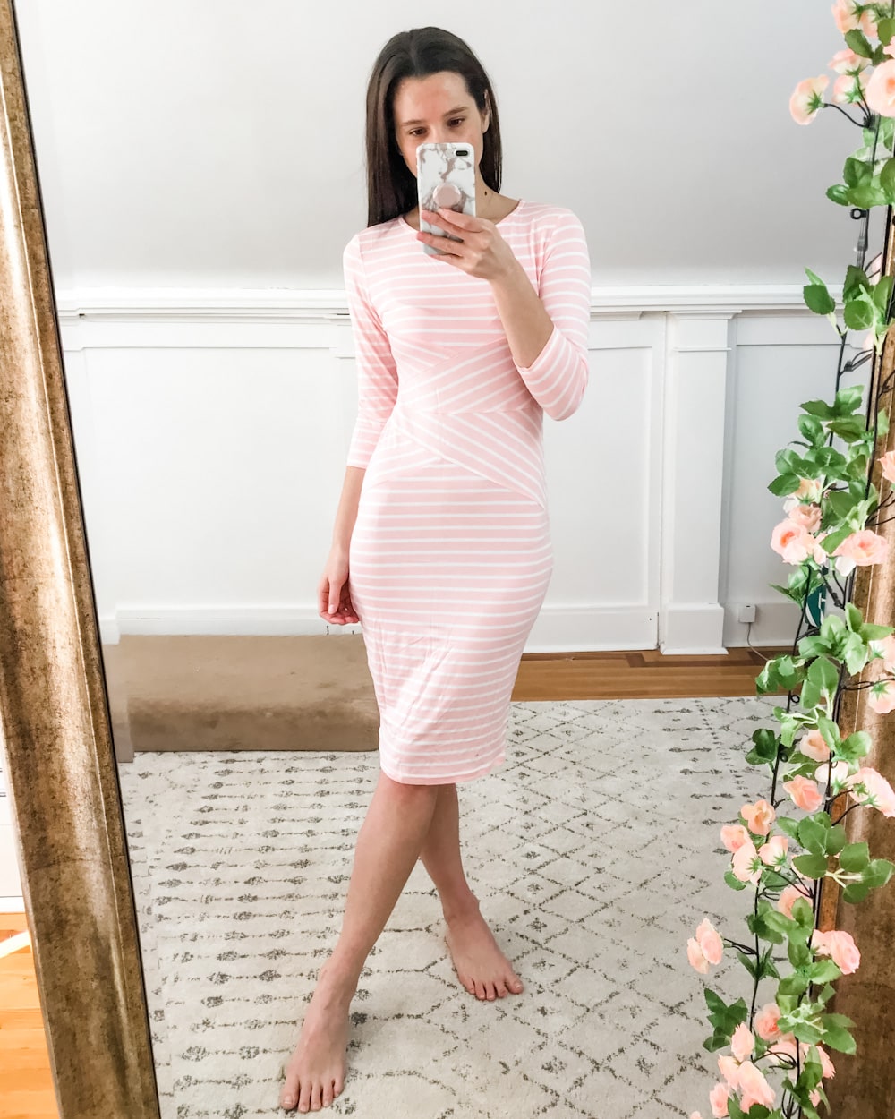 Amazon pink striped pencil dress featured in Stephanie Ziajka's 2020 Amazon winter try-on haul on Diary of a Debutante