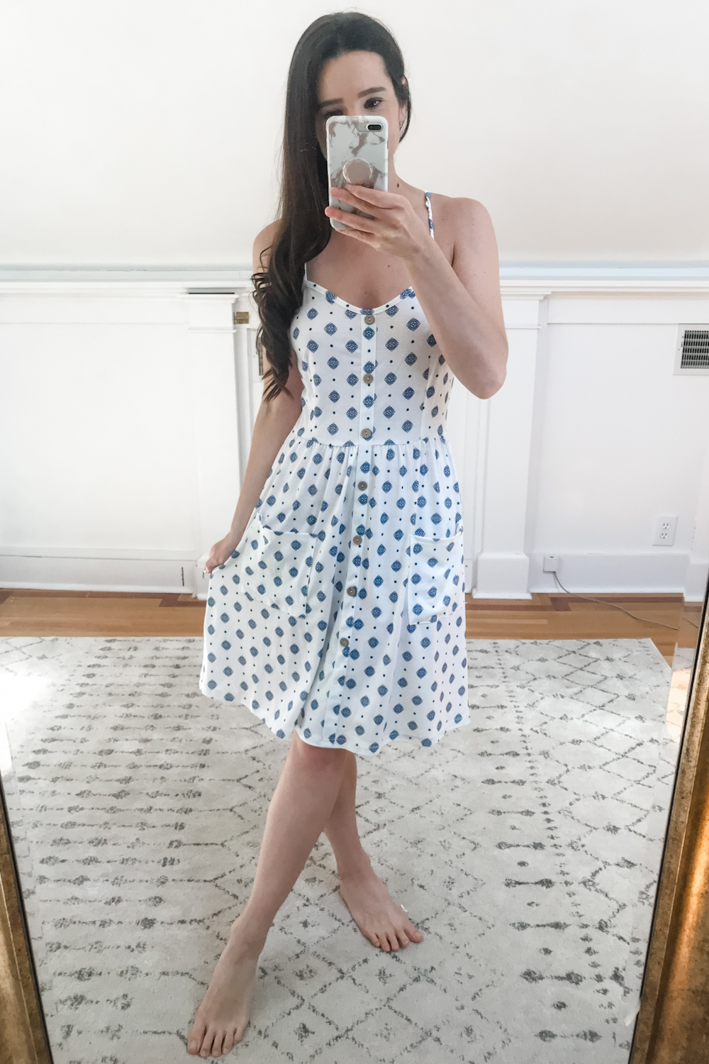 Amazon blue and white button down sundress with pockets tried on by affordable fashion blogger Stephanie Ziajka on Diary of a Debutante