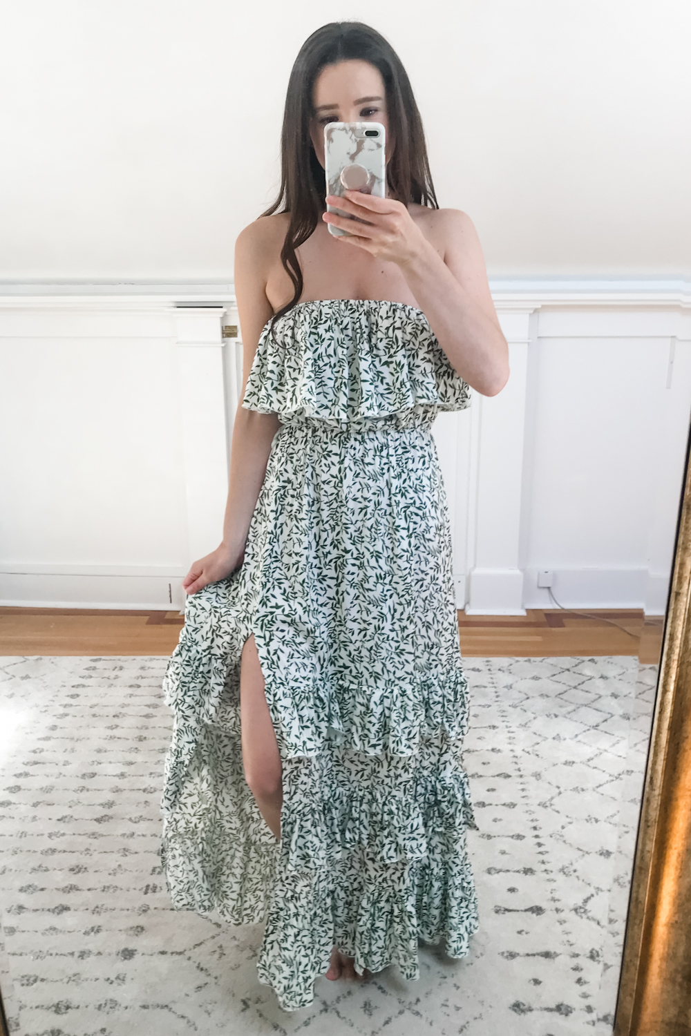 Affordable fashion blogger Stephanie Ziajka tries on a white and green Amazon ruffle maxi dress on Diary of a Debutante