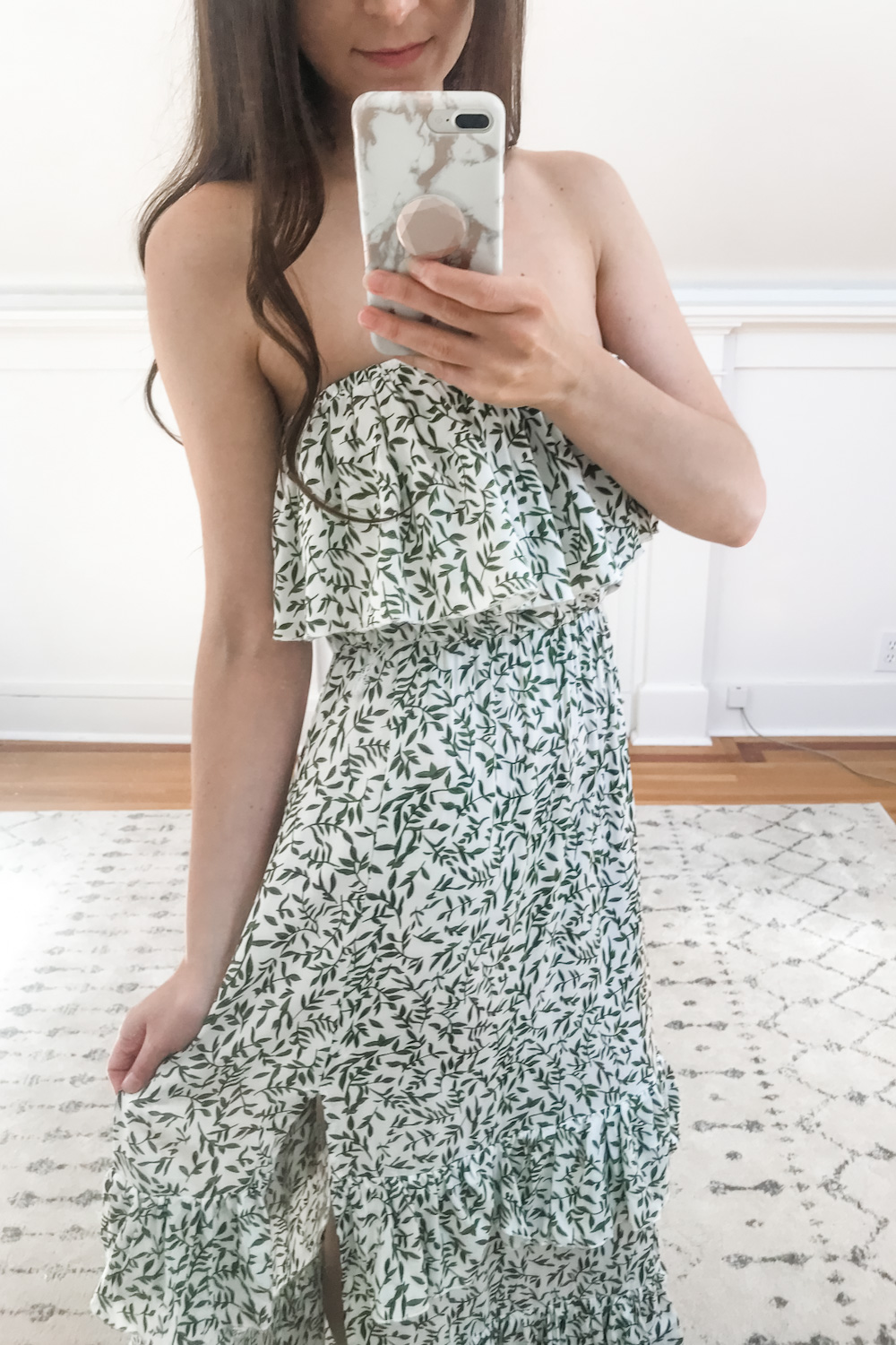 Close up shot of the Amazon Yidarton Strapless Maxi Dress in green worn by affordable fashion blogger Stephanie Ziajka on Diary of a Debutante