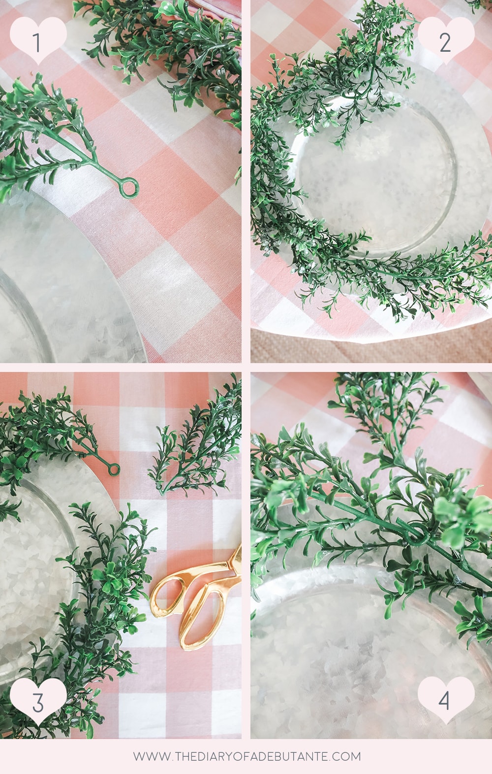 DIY blogger Stephanie Ziajka shows how to make your own DIY charger plates with faux boxwood garland on Diary of a Debutante