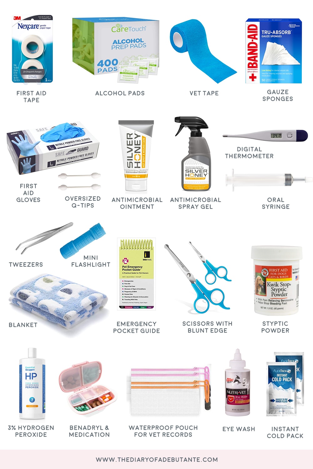 Everything you need to make a DIY first aid kit for dogs curated by blogger Stephanie Ziajka on Diary of a Debutante