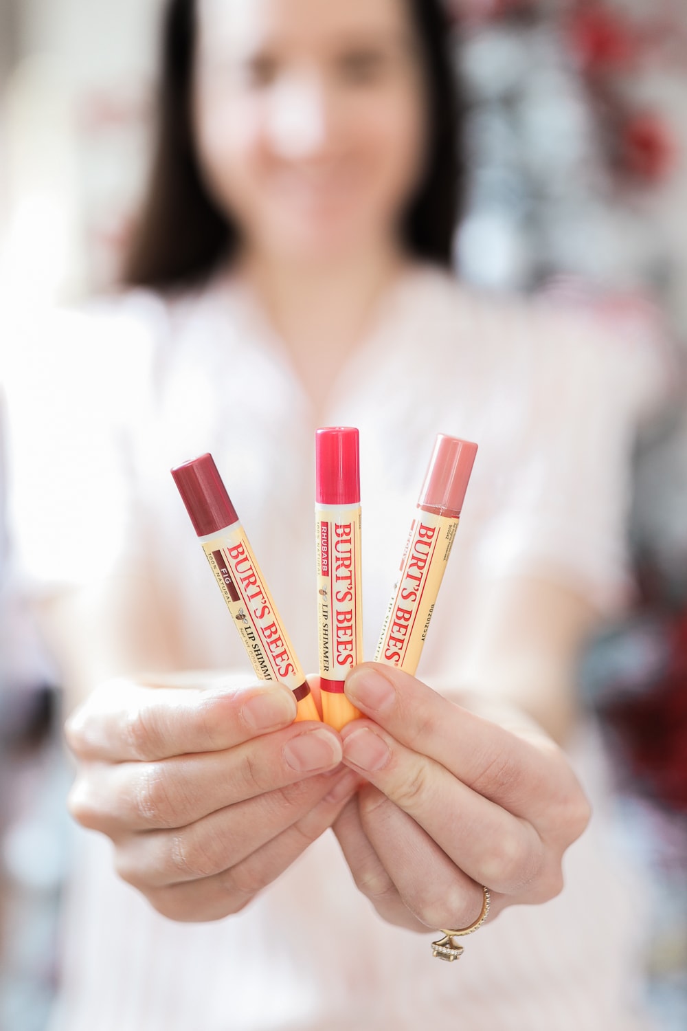 Burt's Bees fig lip shimmer, rhubarb lip shimmer, and peony lip shimmer from the Burt's Bees Mistletoe Kiss Gift Set Warm Collection featured by blogger Stephanie Ziajka on Diary of a Debutante